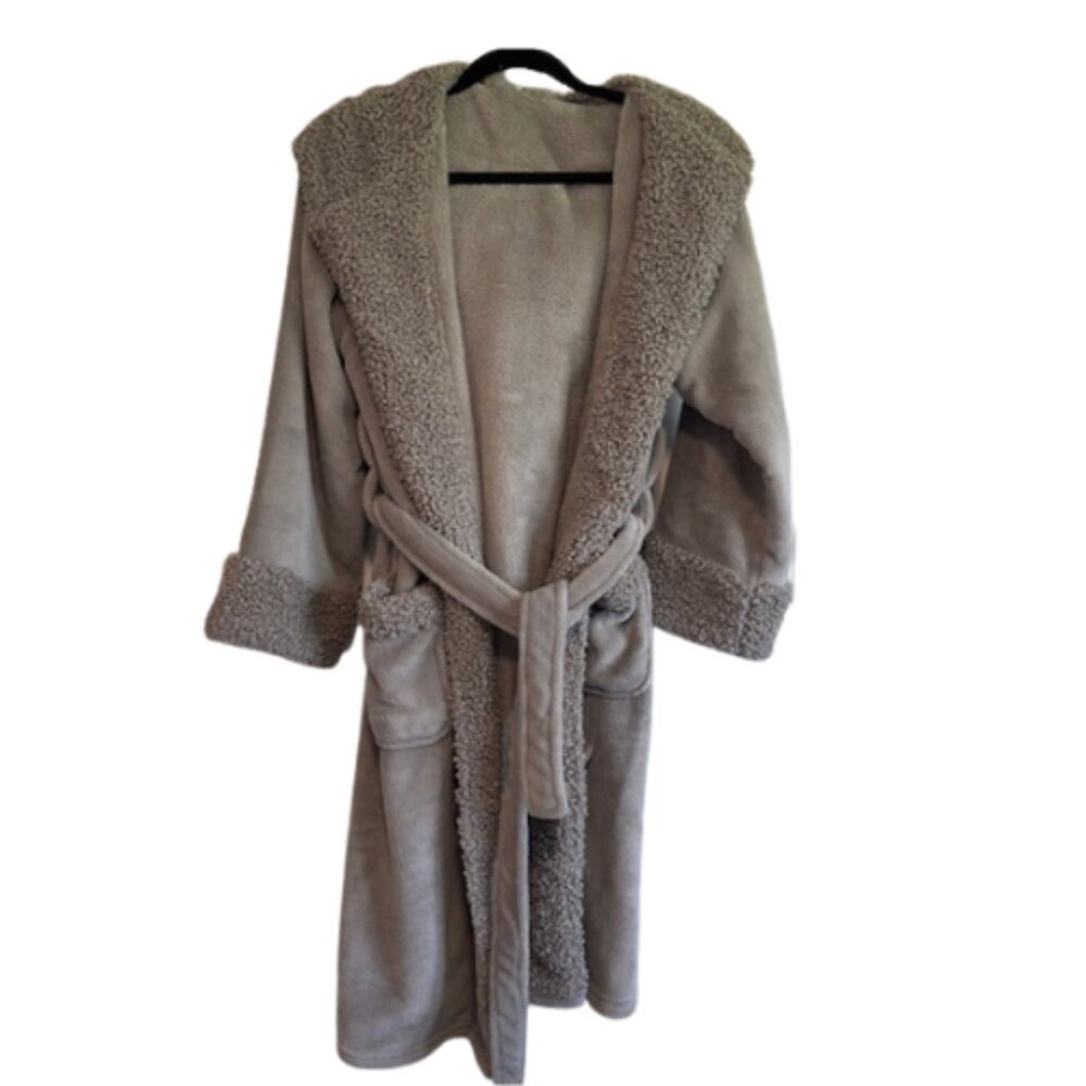 Pottery Barn Women's Luxury Beige Hooded Plush 3/4 Length Robe Size Small